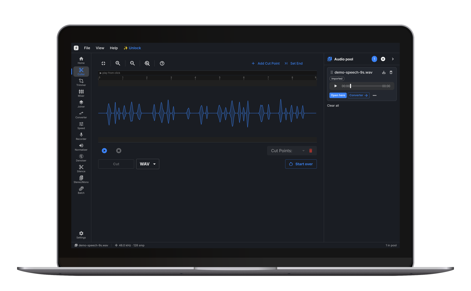 cut.audio on Windows: the audio cutter open on a speech waveform, with the tool rail, audio pool and status bar around it.
